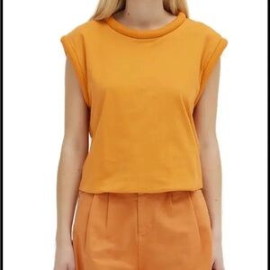 FEDERICA TOSI Orange Cotton  Tee Sleeveless Cropped Rolled Sleeve Sz 6 S Unique